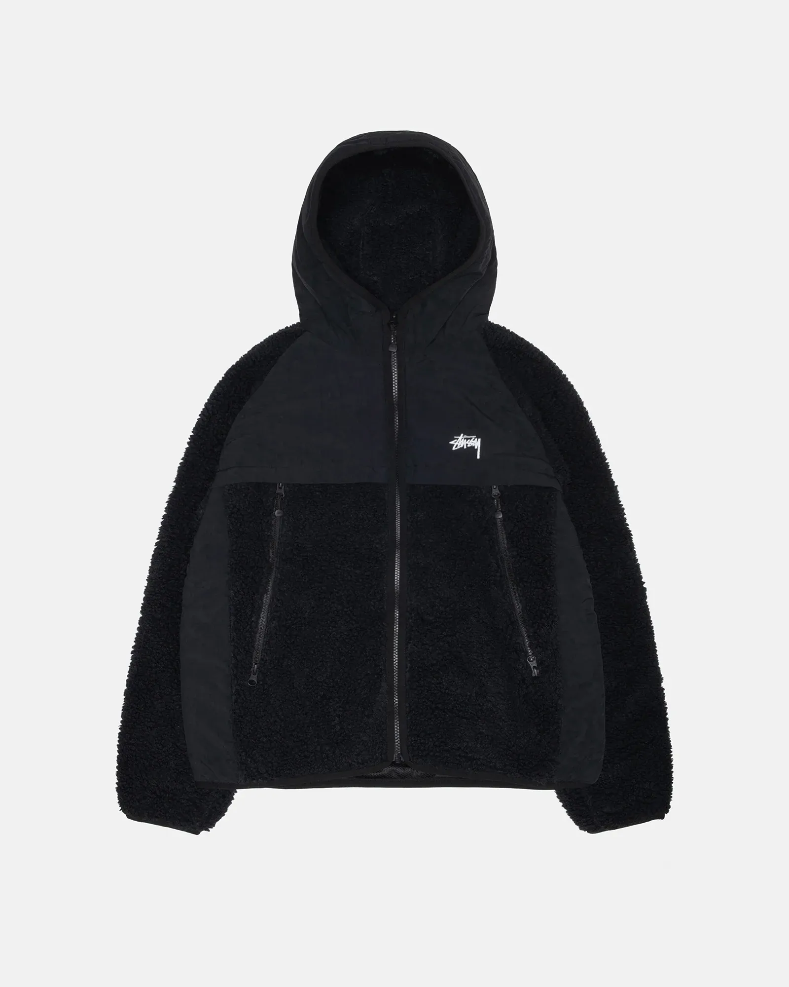 118530_BLAC_1.webp Stussy Sherpa Paneled Hooded Jacket Black - Image 1